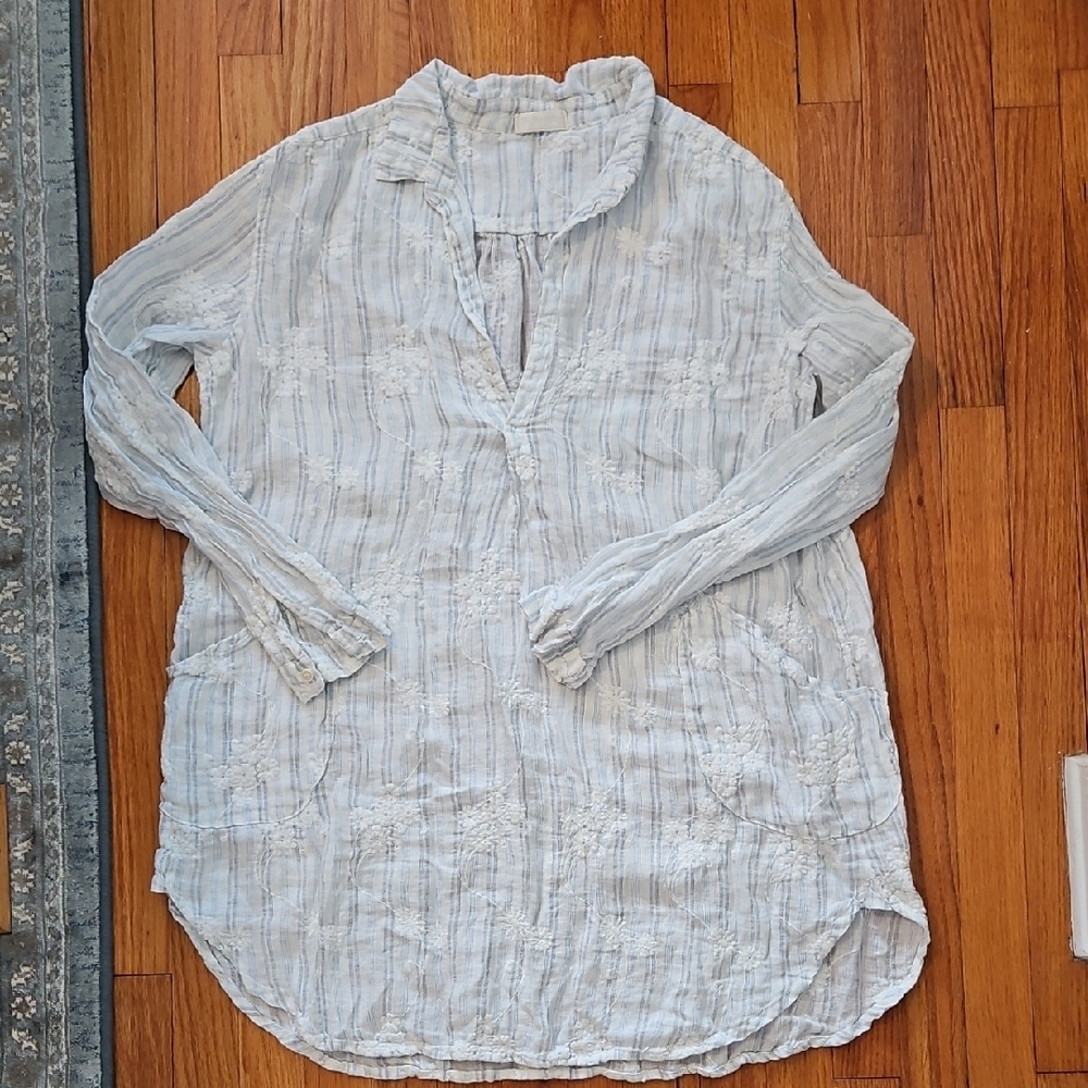 Women's Linen Light Blue Striped Tunic Top